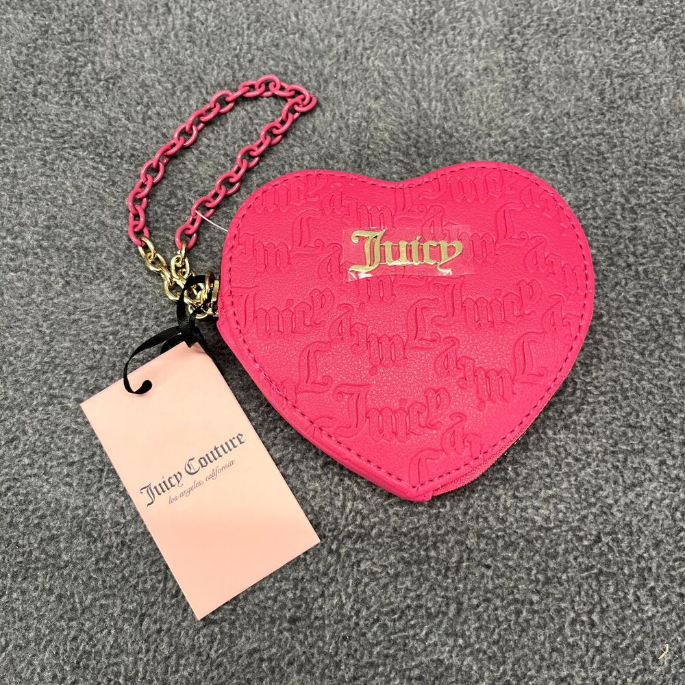 Juicy Couture Wallet Pink flash embossed‎ Heart Zip Around Chained
